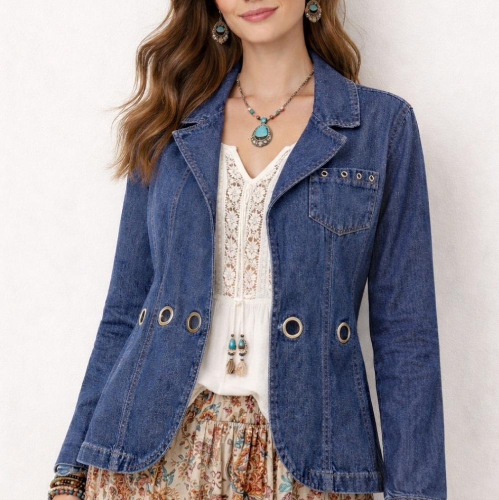 Allison Brittney Denim Open Front Jacket Sz. 10 Metal Rings Vintage